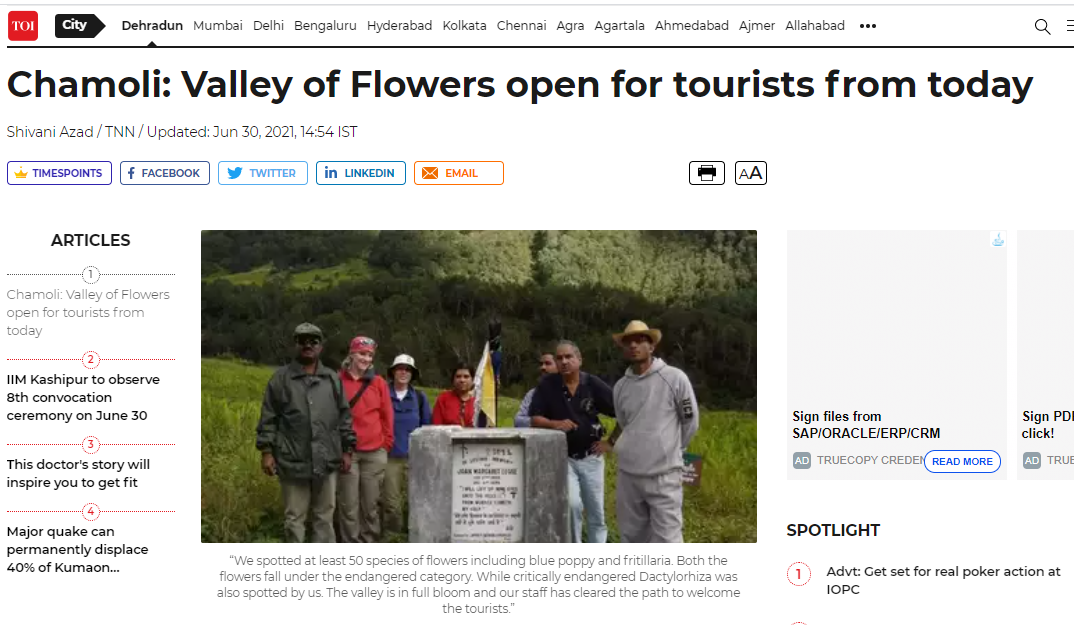 valley of flowers opening news